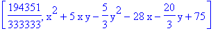 [194351/333333, x^2+5*x*y-5/3*y^2-28*x-20/3*y+75]